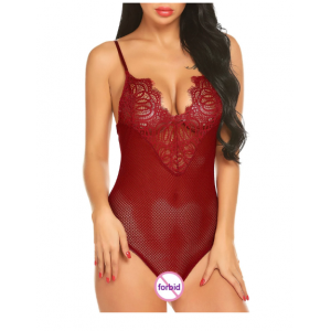 Lace Insert See Through Backless Mesh Teddy - Red,Purple,Black